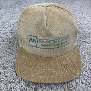 Vtg Mid-Atlantic Federal Credit Union Trucker Hat‎ Snapback Tan Corduroy Cap USA